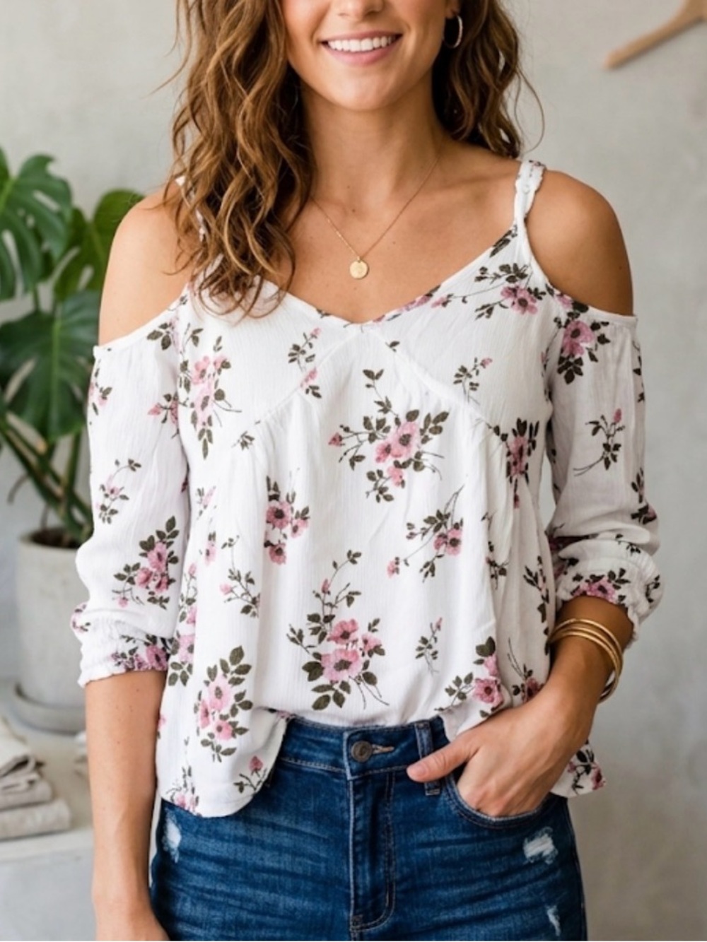 American Eagle Outfitters White Cold-Shoulder Blouse with Pink Floral